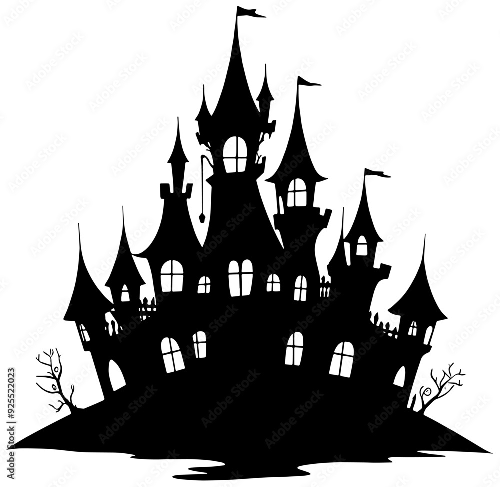 Obraz premium Silhouette of a haunted halloween castle, isolated 