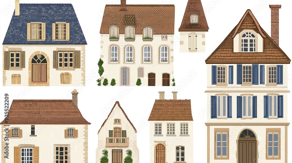 Charming collection of rustic houses in a quaint European style at different angles and orientations Charming collection of rustic houses in a quaint European style at different angles and orientations