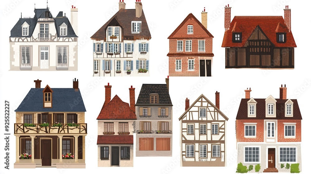 Fototapeta premium Charming collection of diverse architectural styles featuring ten unique houses set against a light background