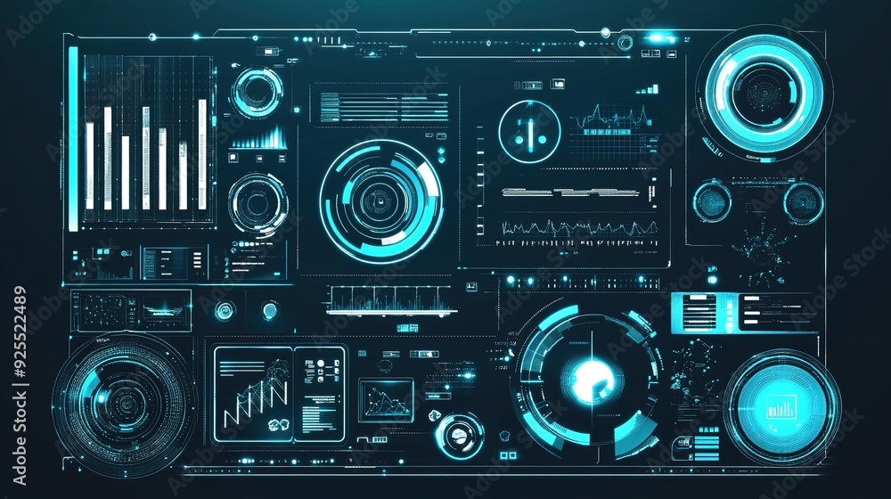 Digital interface displaying data analytics and interactive graphs in a futuristic style Digital interface displaying data analytics and interactive graphs in a futuristic style