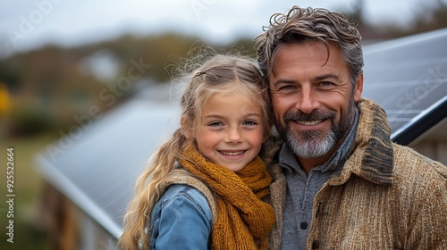  Father with girl on roof with solar panels, hugging. Rooftop solar or photovoltaic system. Sustainable future for next generation. 