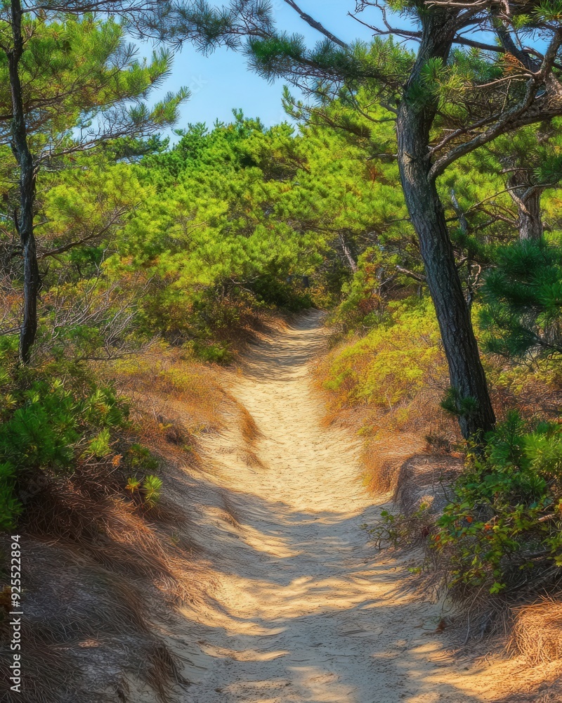 A sunlit sandy path winding through green pine trees in a tranquil forest. A sunlit sandy path winding through green pine trees in a tranquil forest.