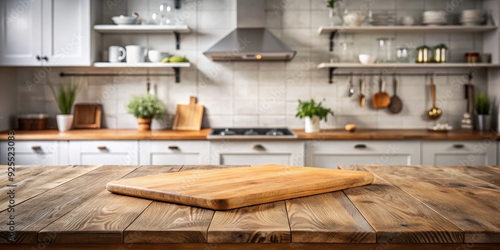 Natural wooden board with grunge texture in a modern kitchen for backgrounds and product photography Natural wooden board with grunge texture in a modern kitchen for backgrounds and product photography