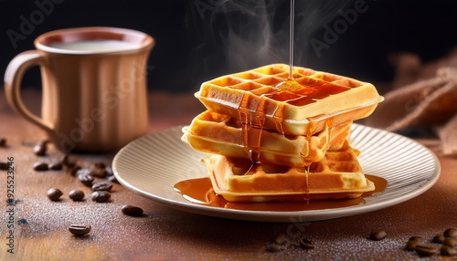 Obraz na płótnie waffles with maple syrup and hot coffee w salonie