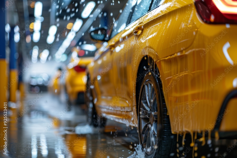 washing yellow passenger car at automatic car wash washing yellow passenger car at automatic car wash
