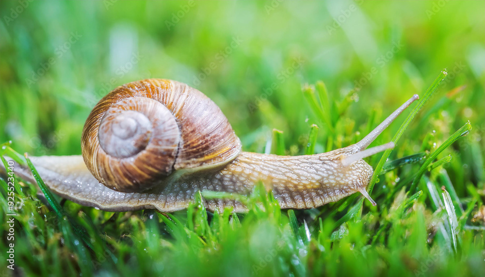 Snail on green grass in garden. Small creature. Beautiful nature. Close-up. Macro Snail on green grass in garden. Small creature. Beautiful nature. Close-up. Macro