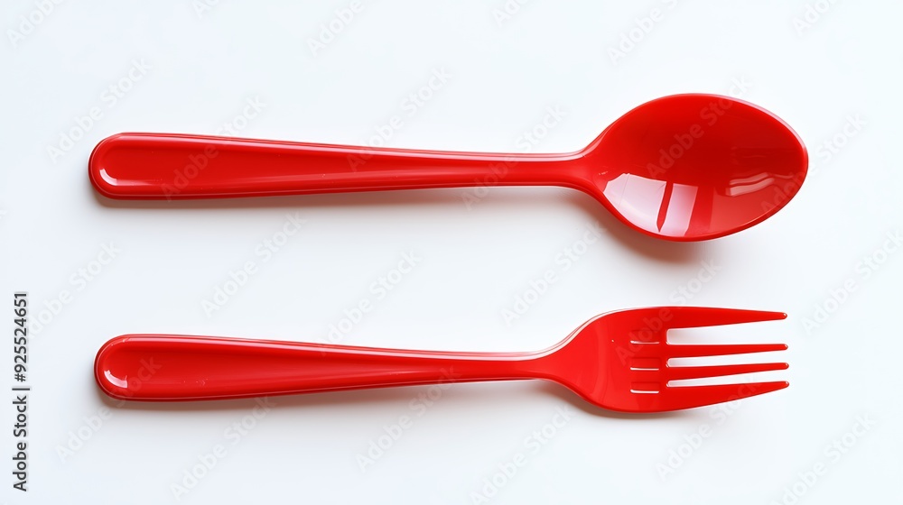 A red plastic spoon and fork on a white background. A red plastic spoon and fork on a white background.