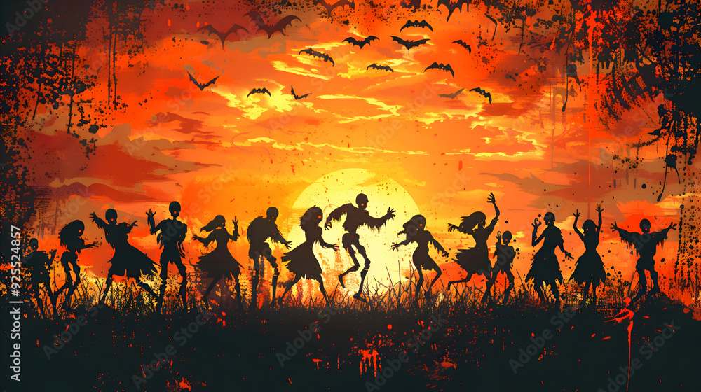 A Halloween card with vector skeletons arranged in a dance formation A Halloween card with vector skeletons arranged in a dance formation