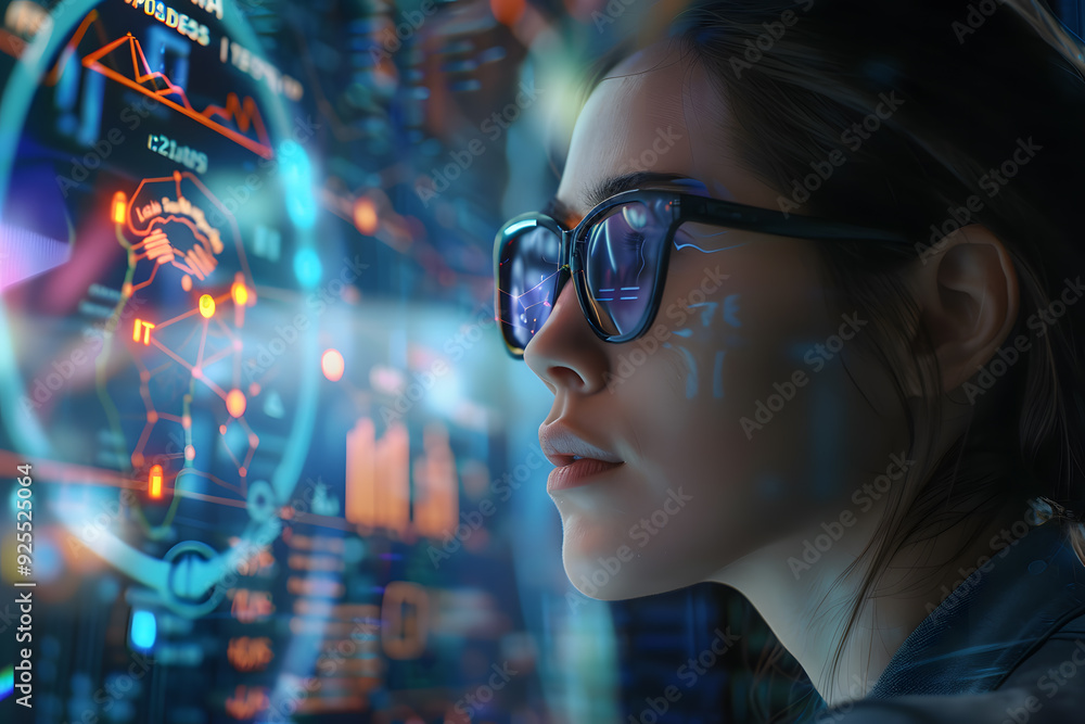 Woman with glasses analyzing data Woman with glasses analyzing data