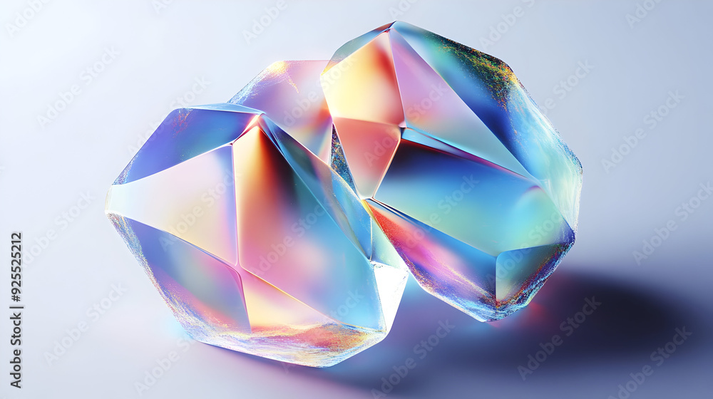 Colorful, translucent crystal-like shapes with a reflective surface. Colorful, translucent crystal-like shapes with a reflective surface.
