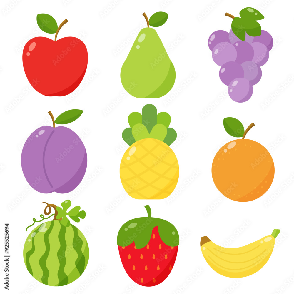 A set of fruit icons in a flat style. Flat vector illustration of colorful fruits on a white background. A set of fruit icons in a flat style. Flat vector illustration of colorful fruits on a white background.