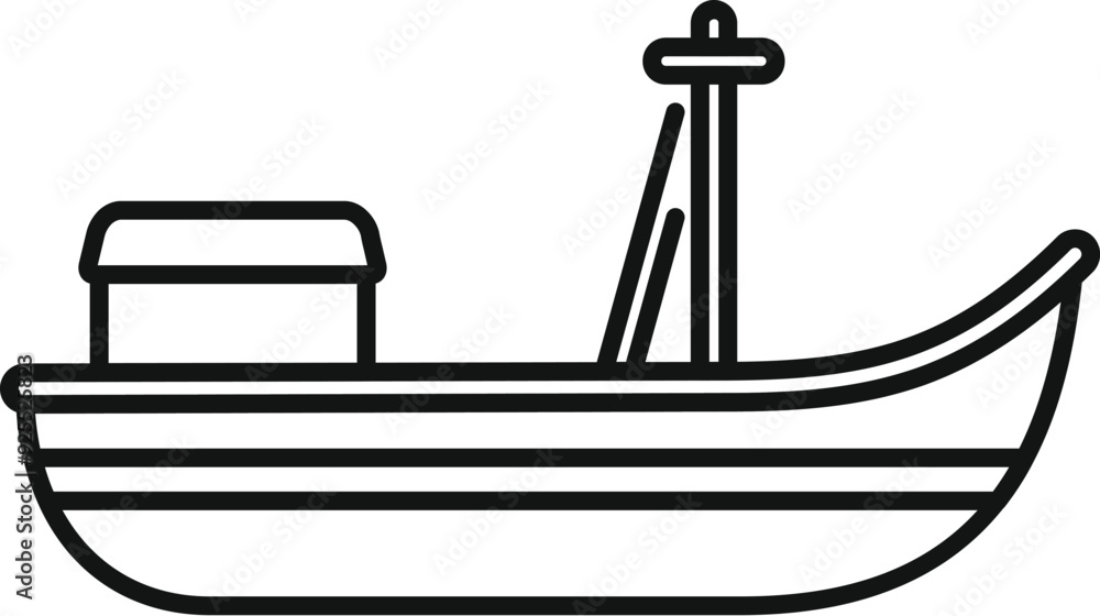 Simple black and white line drawing of a small fishing boat with a cabin for fishing industry Simple black and white line drawing of a small fishing boat with a cabin for fishing industry