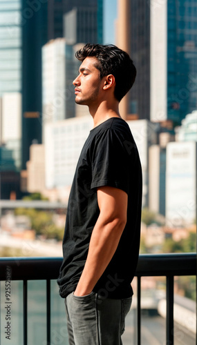 Close-up of a man wearing a plain black t-shirt in an urban environment, perfect for fashion, apparel marketing, or product mockups, highlighting simplicity and versatility in modern branding.