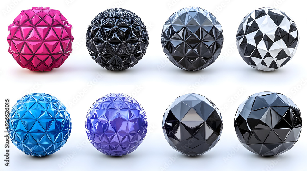 Eight Shiny Geometric Spheres in Various Colors. Eight Shiny Geometric Spheres in Various Colors.