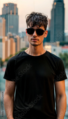 Close-up of a man wearing a plain black t-shirt in an urban environment, perfect for fashion, apparel marketing, or product mockups, highlighting simplicity and versatility in modern branding.