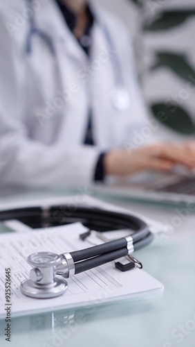 Stethoscope with a medication history record form are on the glass table. Doctor woman is working with laptop computer on the background. Medicine concept