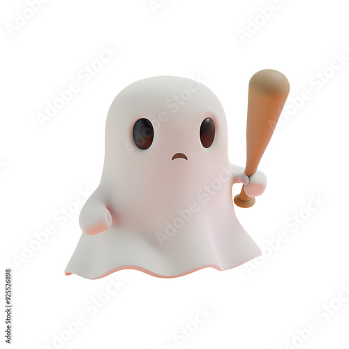 Cute Halloween Character Ghost Playing Baseball in 3D Render, Isolated on Transparent Background, PNG