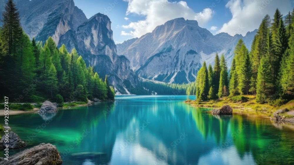 Clear blue lake surrounded by tall evergreen trees and majestic mountains under a bright sky. Clear blue lake surrounded by tall evergreen trees and majestic mountains under a bright sky.