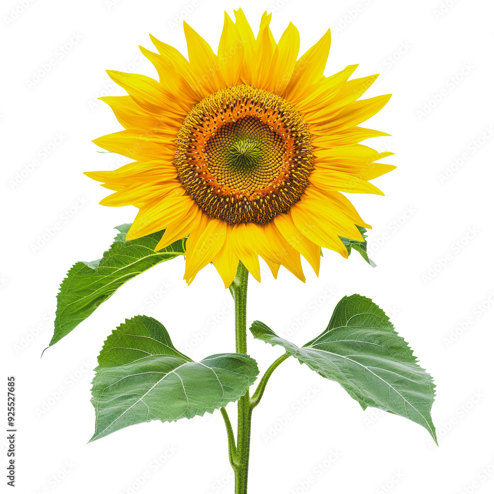 Fototapeta premium PNG Bright sunflower on a stem with green leaves