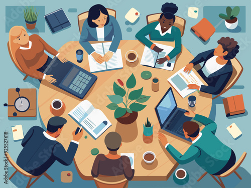 top view Business meeting Teamwork sitting around a Office Table, Business And Finance Background Concept.
