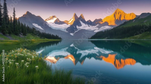 Beautiful sunrise over snow-capped mountains reflecting in a calm lake with wildflowers in the foreground.