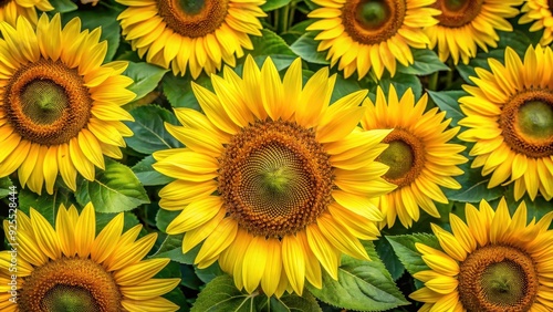 Top view of vibrant yellow sunflowers in bloom , Sunflowers, Helianthus annuus, Yellow, Blooming, Flowers, Petals, Sunny