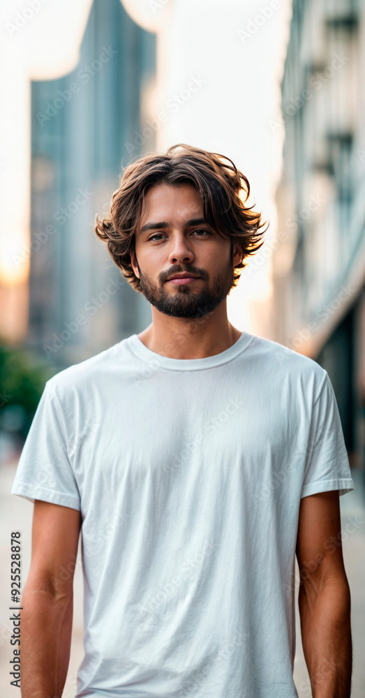 Close-up of a man wearing a plain white t-shirt in an urban setting, ideal for fashion, apparel marketing, or product mockups, emphasizing simplicity and versatility for branding and promotional use. Close-up of a man wearing a plain white t-shirt in an urban setting, ideal for fashion, apparel marketing, or product mockups, emphasizing simplicity and versatility for branding and promotional use.
