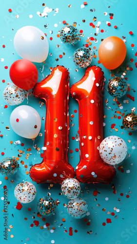 Red balloons forming number eleven celebrating eleventh birthday party