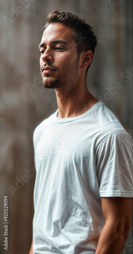 Portrait of a confident man in a white t-shirt, standing against a plain background. Suitable for fashion, lifestyle, or personal branding. Ideal for clothing brands, online profiles, or promotional 