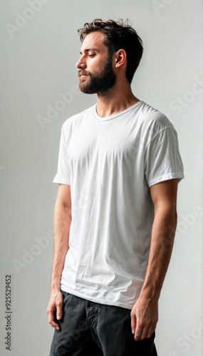 Portrait of a confident man in a white t-shirt, standing against a plain background. Suitable for fashion, lifestyle, or personal branding. Ideal for clothing brands, online profiles, or promotional 