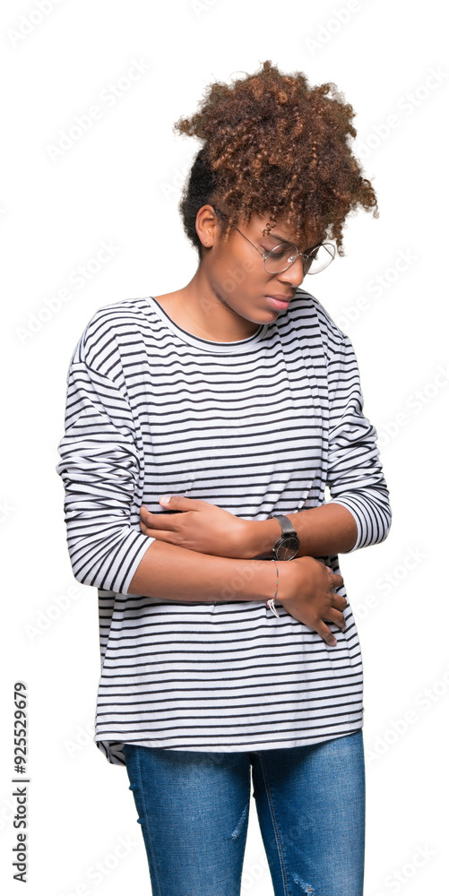Beautiful young african american woman wearing glasses over isolated background with hand on stomach because nausea, painful disease feeling unwell. Ache concept. Beautiful young african american woman wearing glasses over isolated background with hand on stomach because nausea, painful disease feeling unwell. Ache concept.