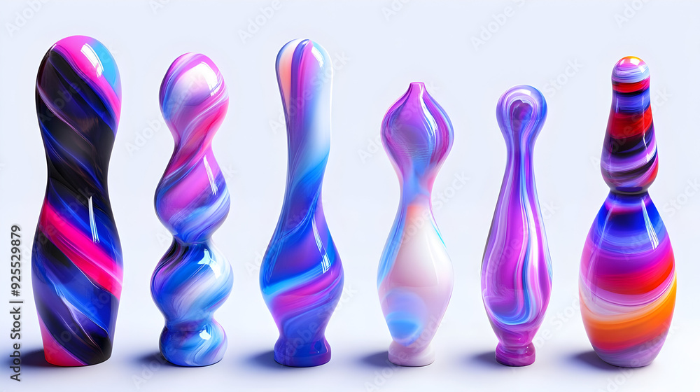 Six colorful vases with a swirl pattern on white background. Six colorful vases with a swirl pattern on white background.