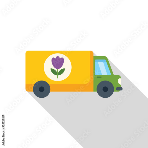 Simple flat illustration of a delivery truck with a flower logo, perfect for representing a flower shop or delivery service