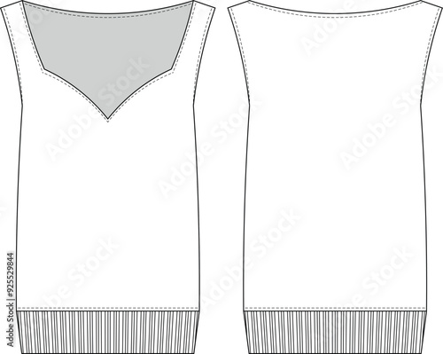 sleeveless strapped strappy shoulder straps queen anne sweetheart neck slouchy loose ribbed hems blouse top vest template technical drawing flat sketch cad mockup fashion woman design style model
