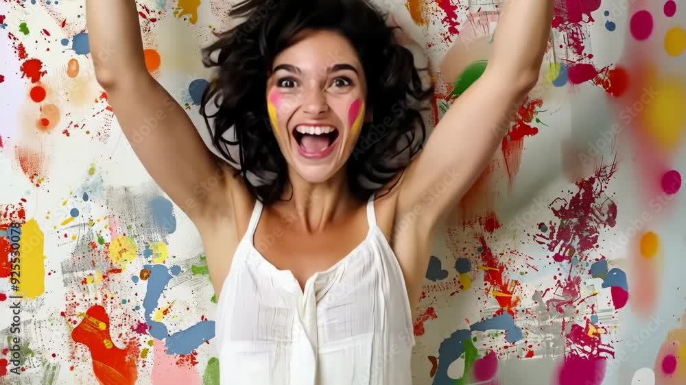 A lively individual expresses pure joy amidst a colorful and artistic backdrop, celebrating creativity and self-expression through playful colors and enthusiasm A lively individual expresses pure joy amidst a colorful and artistic backdrop, celebrating creativity and self-expression through playful colors and enthusiasm