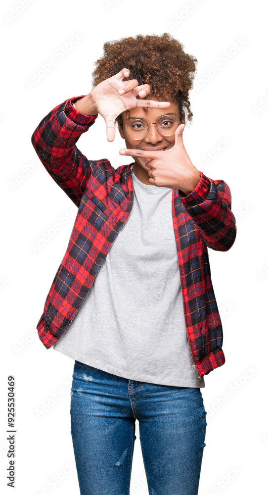 Beautiful young african american woman wearing glasses over isolated background smiling making frame with hands and fingers with happy face. Creativity and photography concept. Beautiful young african american woman wearing glasses over isolated background smiling making frame with hands and fingers with happy face. Creativity and photography concept.