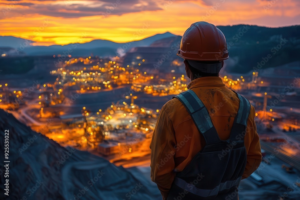 atmospheric night scene of an illuminated mining site a silhouetted worker gazes at the bustling industrial landscape conveying dedication and the scale of human enterprise atmospheric night scene of an illuminated mining site a silhouetted worker gazes at the bustling industrial landscape conveying dedication and the scale of human enterprise