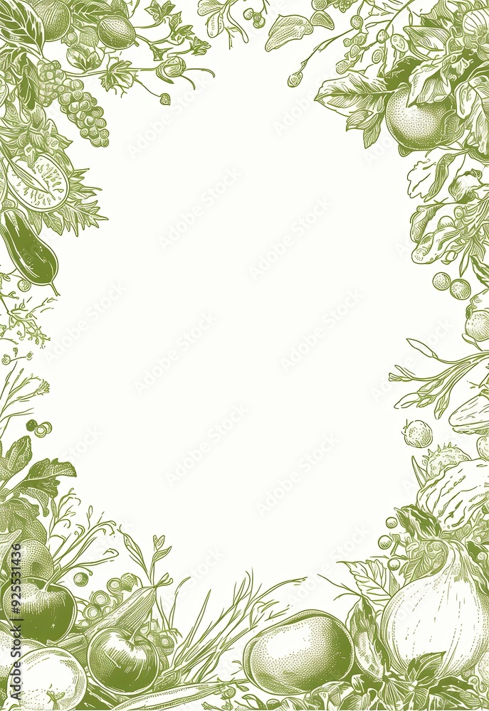 Fototapeta premium Frame Made of Green Line Drawings Featuring Fruits and Vegetables with Empty Space in the Center for Text or Design