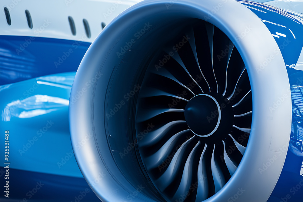Close-Up of Jet Engine Turbine on Modern Commercial Aircraft, High-Tech Precision Close-Up of Jet Engine Turbine on Modern Commercial Aircraft, High-Tech Precision