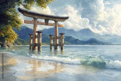 Torii Gate Seaside Shrine Shinto Religion Spiritual Symbol