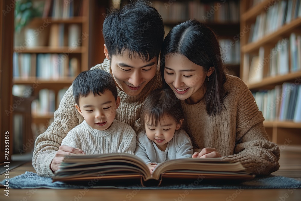 Family of four enjoying storytime together in a cozy living room surrounded by bookshelves during a sunny afternoon Family of four enjoying storytime together in a cozy living room surrounded by bookshelves during a sunny afternoon