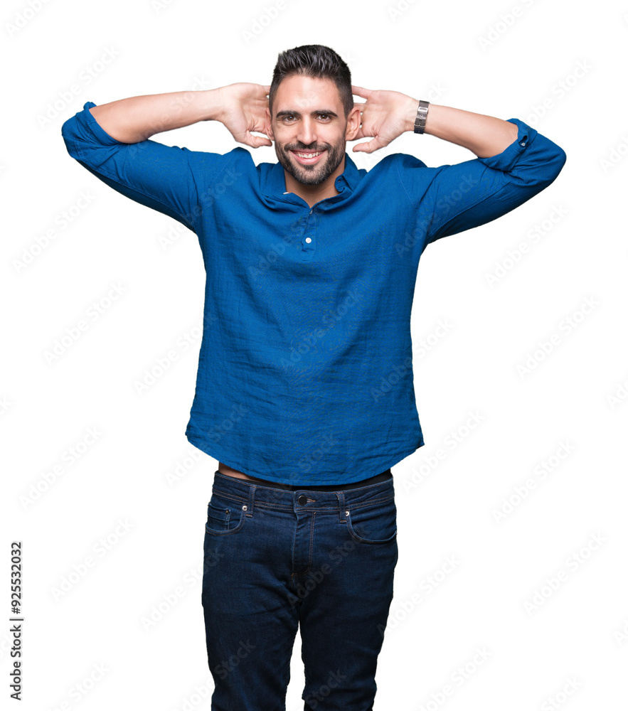 Young handsome man over isolated background Relaxing and stretching with arms and hands behind head and neck, smiling happy Young handsome man over isolated background Relaxing and stretching with arms and hands behind head and neck, smiling happy