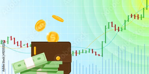 Stock market trading technical analysis bar growing chart. Business exchange bullish trend graph. Trader financial investment growth moving up index eps banner. Money savings and income
