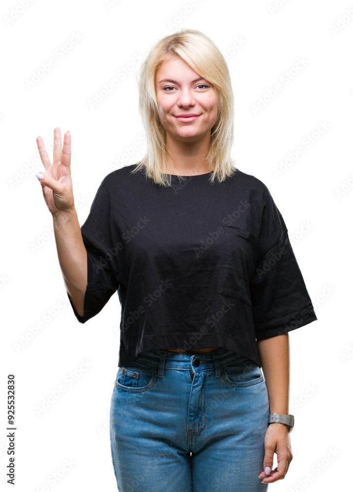 Young beautiful blonde woman over isolated background showing and pointing up with fingers number three while smiling confident and happy. Young beautiful blonde woman over isolated background showing and pointing up with fingers number three while smiling confident and happy.
