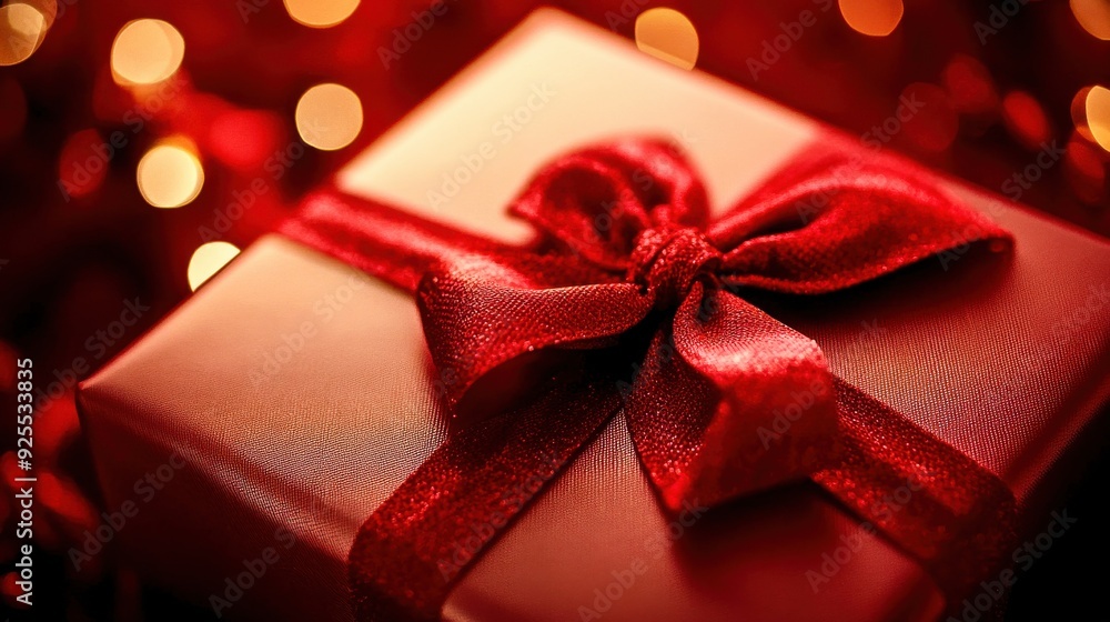 A festive gift box rests elegantly, wrapped in rich red with a bow, surrounded by shimmering lights that create a warm holiday atmosphere A festive gift box rests elegantly, wrapped in rich red with a bow, surrounded by shimmering lights that create a warm holiday atmosphere