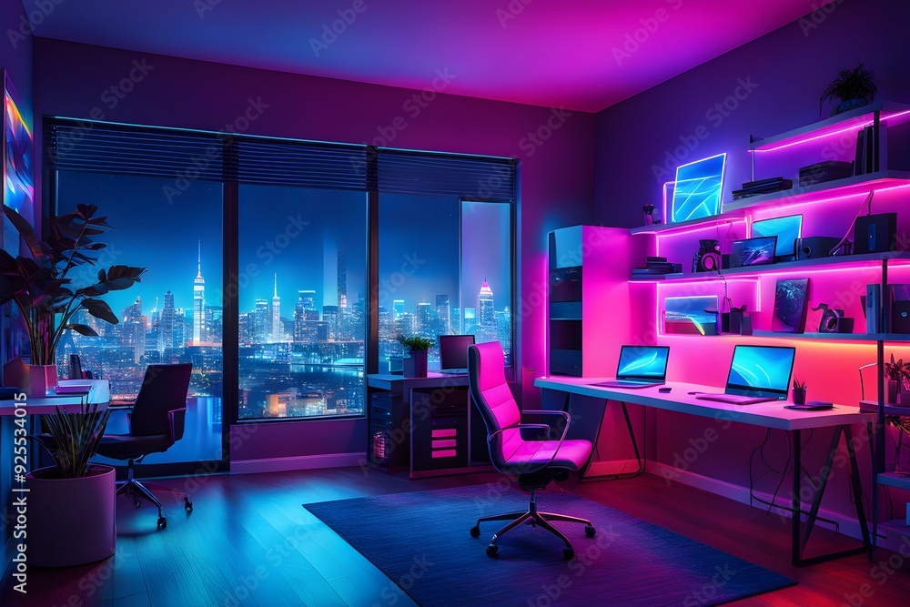 A brightly lit room with a neon blue wall and a view of the city A brightly lit room with a neon blue wall and a view of the city