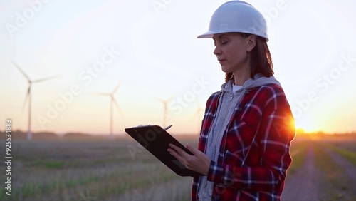 Female engineer taking notes on a clipboard on a field with wind turbines, as the sun sets. Concept of clean energy and engineering audit