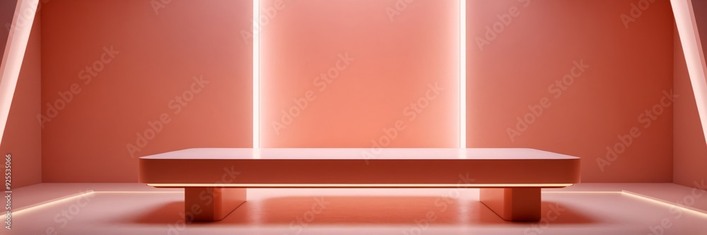 Minimalist square tabletop with peachy pink interior and LED highlights for professional exhibitions, mockups, promotional visuals, and upscale interior design settings Minimalist square tabletop with peachy pink interior and LED highlights for professional exhibitions, mockups, promotional visuals, and upscale interior design settings