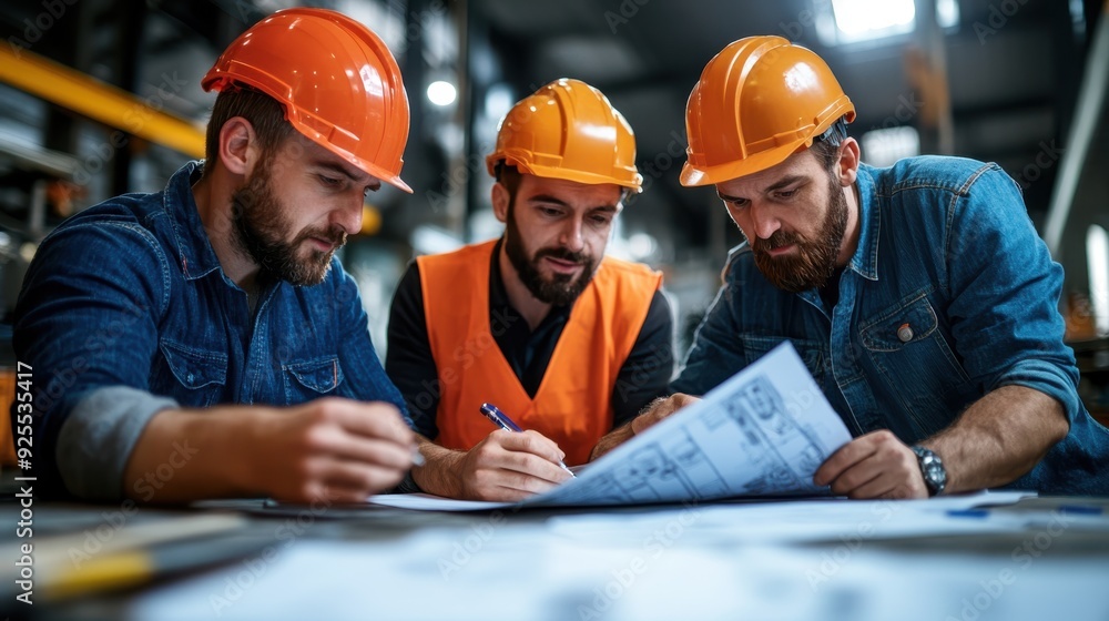 Three construction team members, two in orange helmets and one in vest, reviewing architectural plans, under an industrial setting demonstrating teamwork and planning. Three construction team members, two in orange helmets and one in vest, reviewing architectural plans, under an industrial setting demonstrating teamwork and planning.