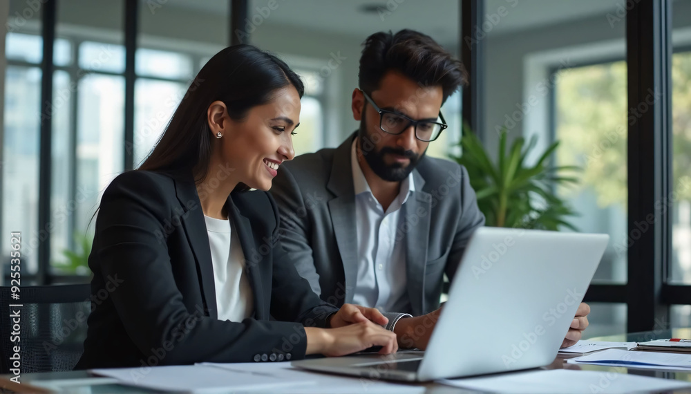 Indian financial advisors, both male and female, discuss a stock market strategy in a modern company using a laptop computer. Managers from South Asia Work Together on a Banking Project
Indian financial advisors, both male and female, discuss a stock market strategy in a modern company using a laptop computer. Managers from South Asia Work Together on a Banking Project